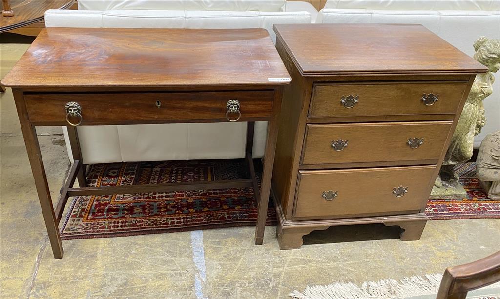 A George III mahogany side table, width 83cm, depth 47cm, height 72cm together with a small reproduction George III style mahogany ches